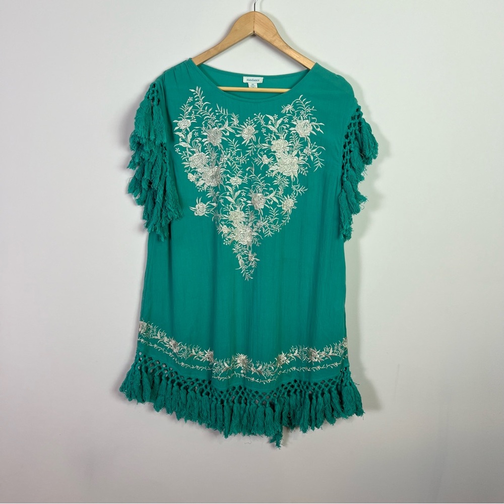 Sundance Embroidered Fringe Teal Bathing Suit Coverup Women X Small Vacation